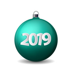 Xmas and New Year 2019 concept. Realistic turquoise christmas ball with silver holder isolated. Vector illustration