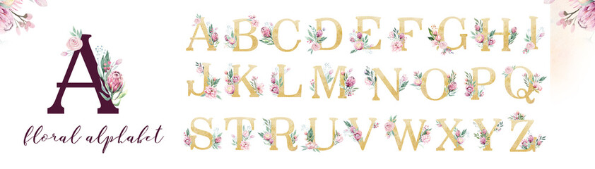 Gold glitter letter alphabet. Isolated Golden alphabetic fonts and numbers on white background. Floral wedding font text illustration © kris_art