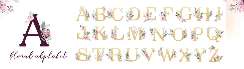 Gold-Glitter-Buchstaben-Alphabet. Isoliert Goldene alphabetische Schriftarten und Zahlen auf weißem Hintergrund. Blumenhochzeits-Schriftart-Textillustration © kris_art