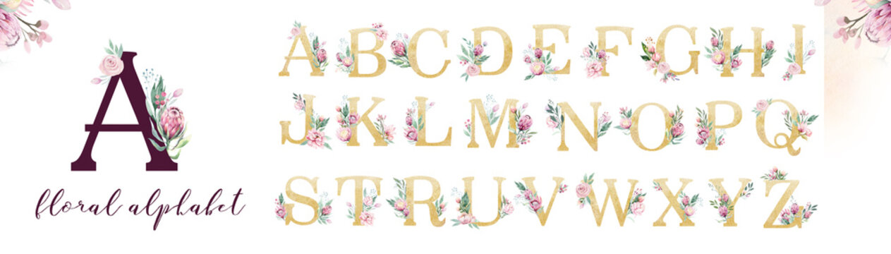 Gold glitter letter alphabet. Isolated Golden alphabetic fonts and numbers on white background. Floral wedding font text illustration