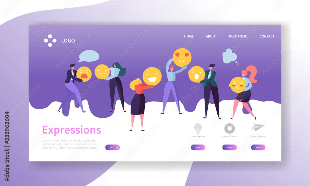 Poster emoticons landing page. team work concept with flat people characters expressions website template. 