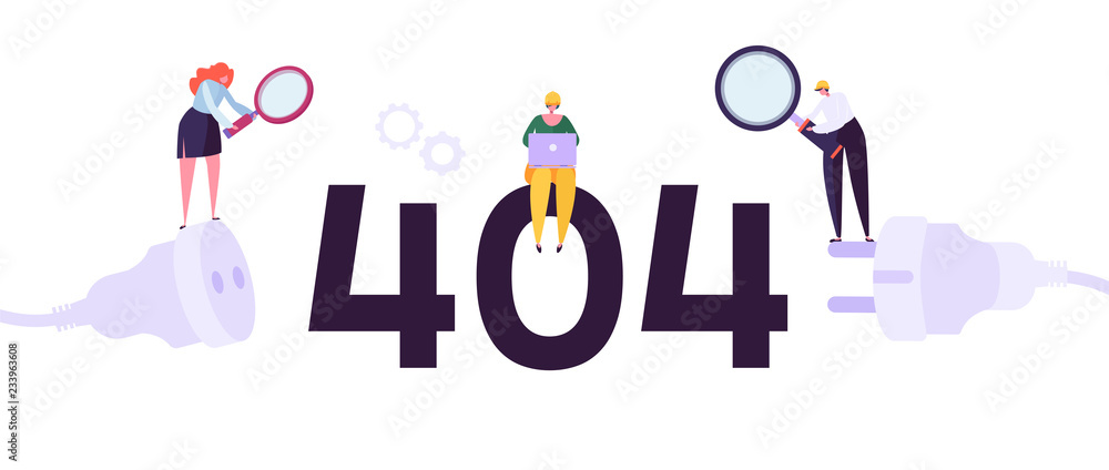 Poster website under construction. 404 page maintenance with characters workers in uniform repairing networ