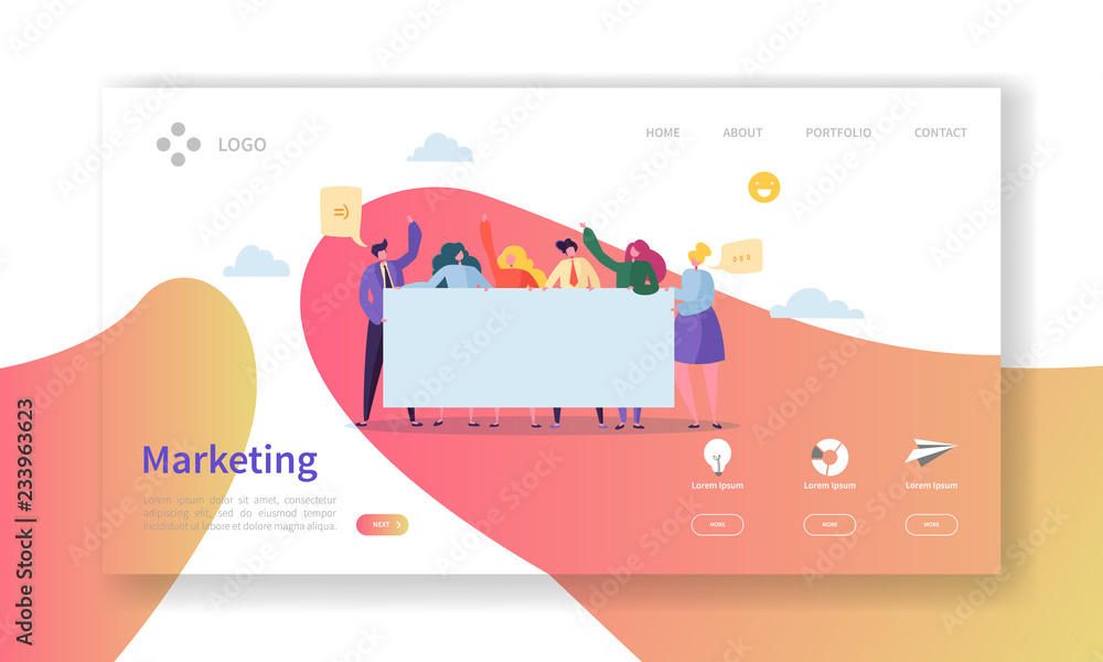 Poster marketing team landing page. team work concept with flat business people characters working together