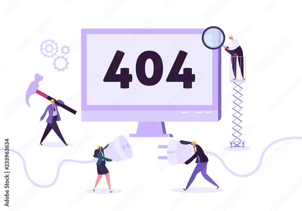 Poster website under construction. 404 page maintenance with characters workers in uniform repairing networ