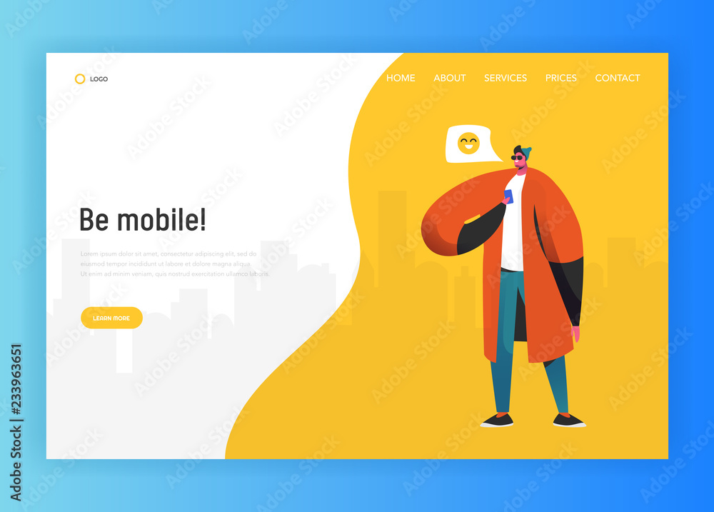 Poster social network landing page template. man character chatting using smartphone for website or web pag