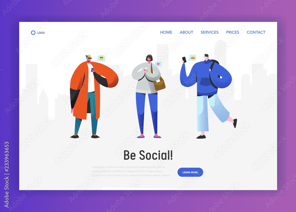 Poster social network landing page template. young people characters chatting using smartphone for website 