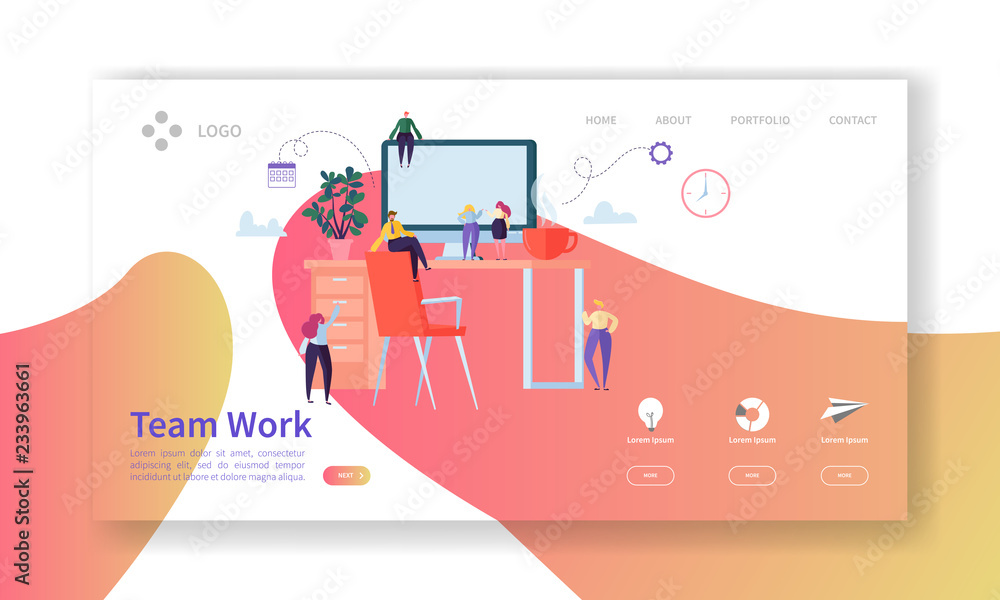 Wall mural team work landing page. creative process concept with flat people characters working together websit