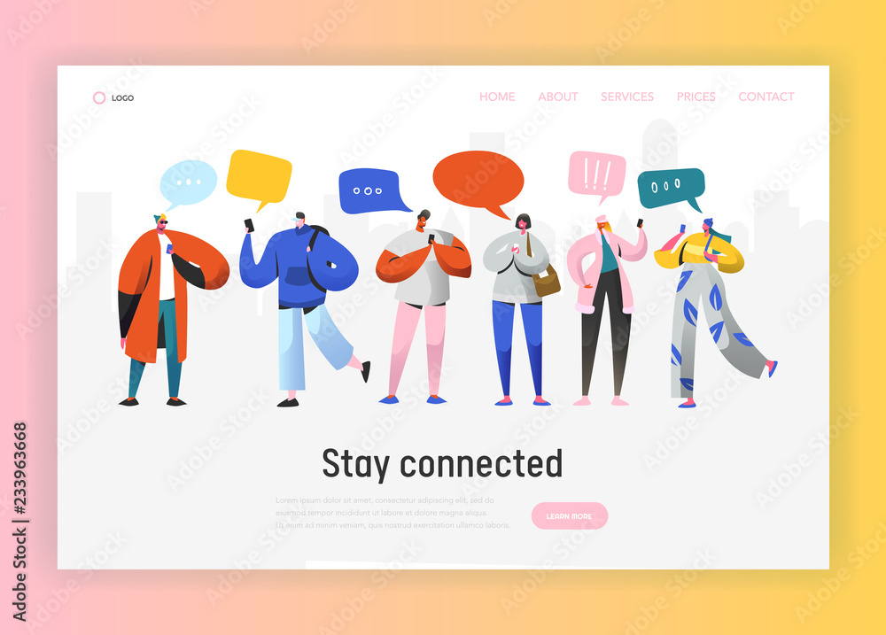 Poster social network landing page template. group of young people characters chatting using smartphone for