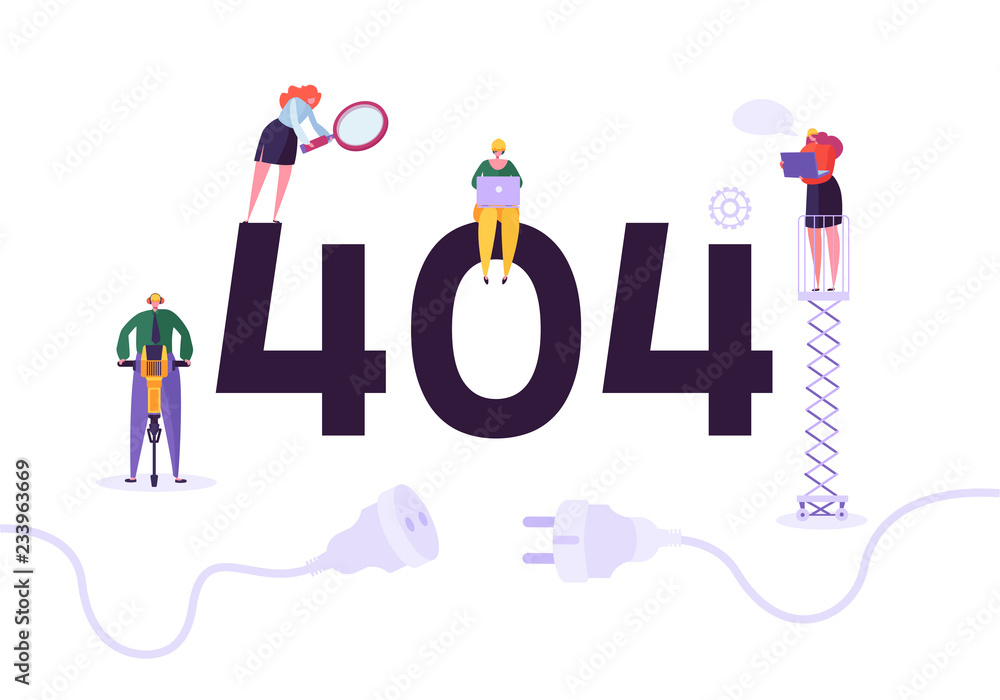 Poster website under construction. 404 page maintenance with characters workers in uniform repairing networ
