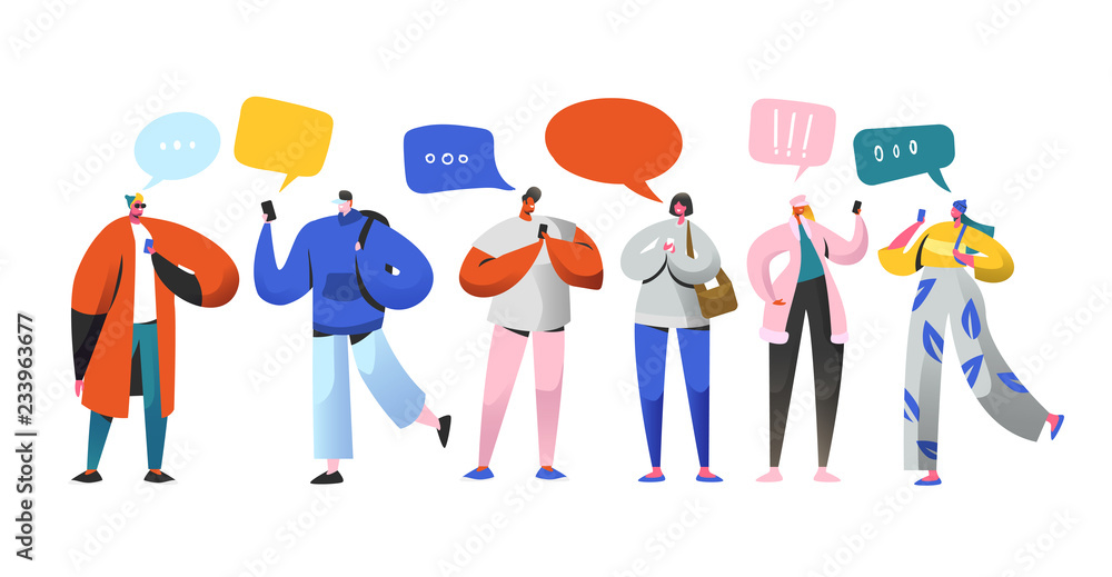 Poster social networking virtual relationships concept. flat people characters chatting via internet using 