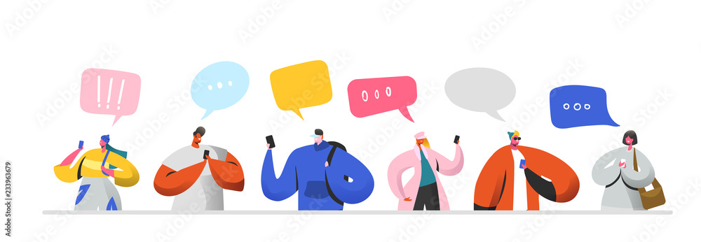 Poster social networking virtual relationships concept. flat people characters chatting via internet using 