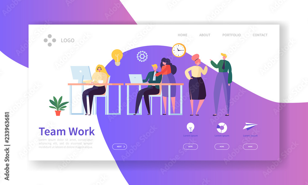 Poster team work landing page. creative process concept with flat people characters working together websit