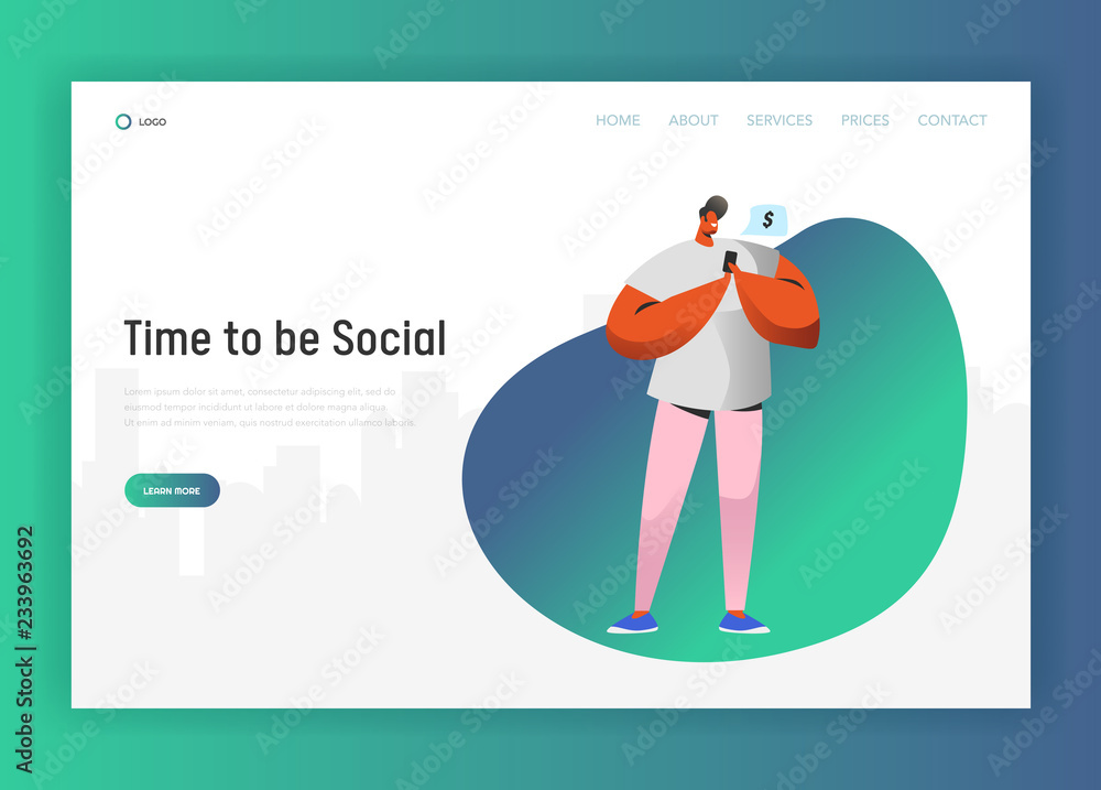 Poster social network landing page template. man character chatting using smartphone for website or web pag