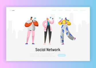 Social Network Landing Page Template. Young People Characters Chatting Using Smartphone for Website or Web Page. Virtual Communication Concept. Vector illustration