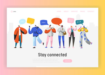 Social Network Landing Page Template. Group of Young People Characters Chatting Using Smartphone for Website or Web Page. Virtual Communication Concept. Vector illustration