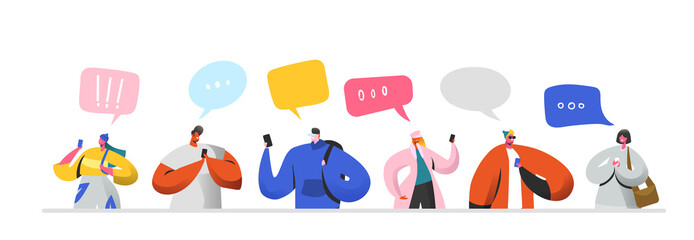 Social Networking Virtual Relationships Concept. Flat People Characters Chatting via Internet Using Smartphone. Group of Man and Woman with Mobile Phones. Vector illustration
