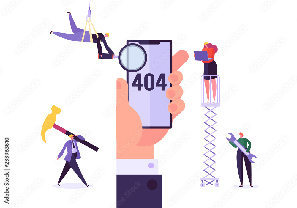 Poster mobile website under construction. 404 page maintenance with characters workers in uniform repairing
