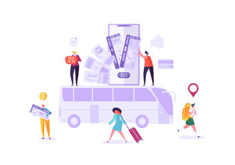 People Booking Bus Tickets Online Using Smartphone. Man and Woman Characters Planning Holiday Travel. Vector illustration
