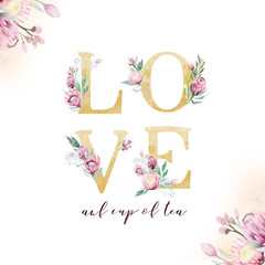 Gold glitter wedding love. Isolated Golden alphabetic fonts and numbers on white background. Floral wedding font text illustration