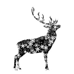 Vector silhouette of deer with snowflakes.