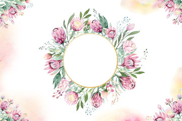 Hand drawing isolated watercolor floral frame with protea rose, leaves, branches and flowers. Bohemian gold crystal frame. Elements for greeting wedding card.