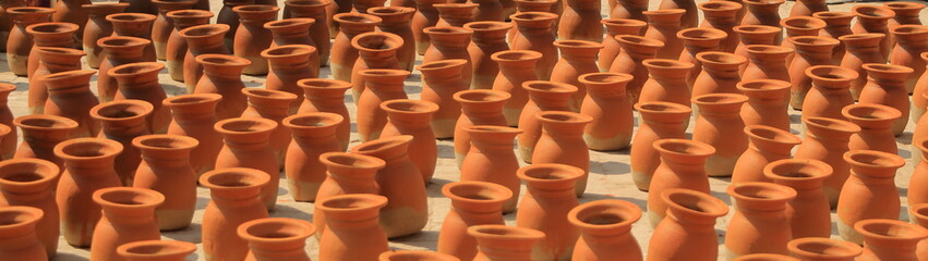 Stacks of clay flowerpots in Kathmandu, Nepal