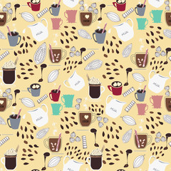 Hot cocoa and hot chocolate mugs and ingredients seamless repeat pattern background