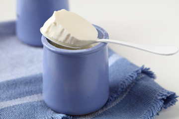 Yogurt in blue jars