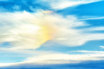 Natural color of winter cold light clouds sky with big rainbow aerial panoramic landscape cloudscape view seasonal atmosphere weather environment air travel background wallpaper design pattern