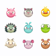 Cute cartoon animal face icons set. Isolated on white background.