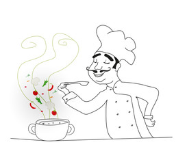 Chef cooking soup - doodle illustration