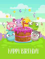 Happy Birthday greeting card. Vector Birthday illustration with funny round animals.