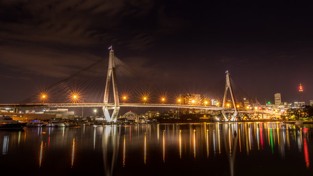 ANZAC Bridge night time long exposure. Relfection of city lights.