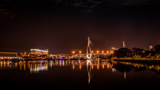ANZAC Bridge night time long exposure. Relfection of city lights.