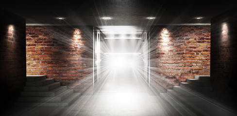 Background of an empty room with brick walls and concrete floor. Empty room, stairs up, elevator, smoke, smog, neon lights, lanterns