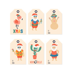 Christmas holiday cute gift tags and labels set with Santa Claus character on sea beach.
