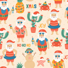 Seamless pattern for Christmas holiday with Santa Claus on sea beach.