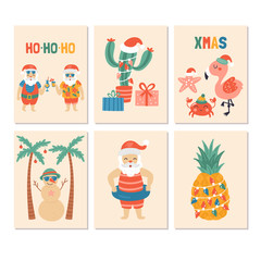Christmas holiday greeting card set with Santa claus on sea beach