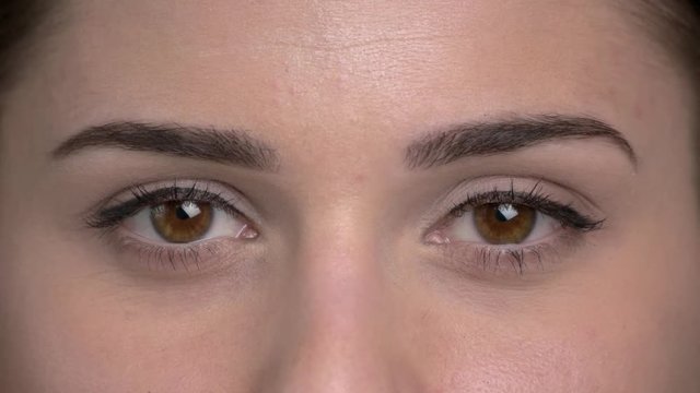 Close up brown female eyes. Blinking and closing. Macro view.