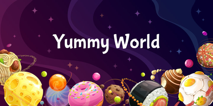 Yummy world. Colorful cartoon food planets on the space background.