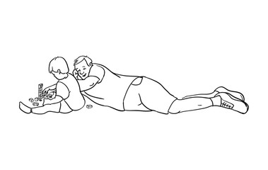 Father is playing with his son. Family time vector illustration, concept of happy parenting and childhood. Line art style