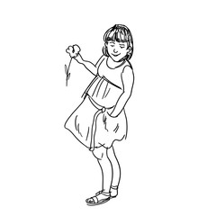 Little girl staying with a flower. Girl character vector illustration, concept of happy childhood in line art style