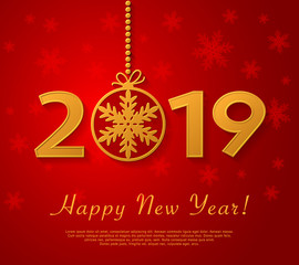 Happy New Year 2019 design with golden christmas ball with snowflake.