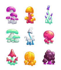 Cartoon colorful fantasy glossy mushrooms icons set.