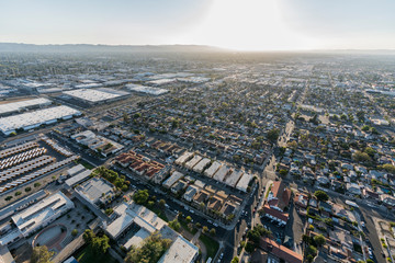 Sunset aerial view towards Sherman Way in Burbank and North Hollywood in Los Angeles, California.