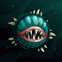 Cartoon creepy monster planet with spittle mouth and jaws on the dark space background. © lilu330