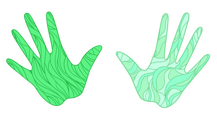 Fototapeta premium Hands with abstract colored patterns on isolation background. Design for spiritual relaxation for adults. Zen art. Doodles for banners, posters, t-shirts and textiles