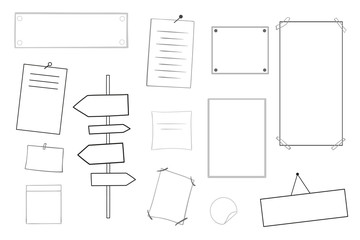 Infographic tables on isolated background. Collection of desks on white. Elements for design. Hand drawn simple signs. Black and white illustration