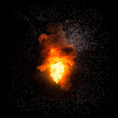 Forms and textures of an explosion of powder in the form of a cloud of colors red and yellow on a black background
