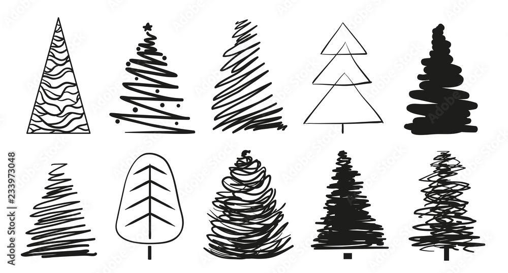 Wall mural christmas trees on white. set for icons on isolated background. geometric art. objects for polygraph